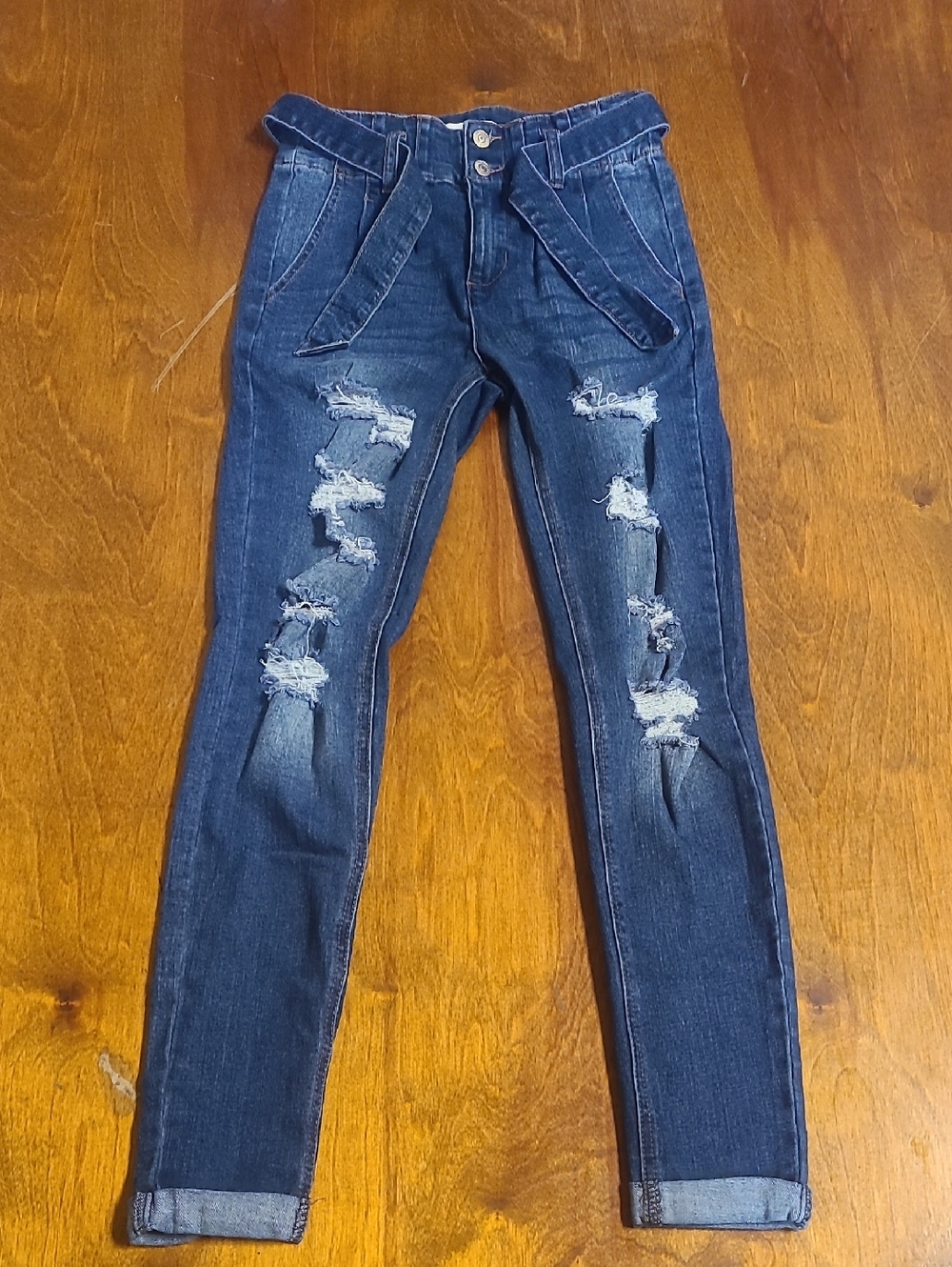 Almost Famous Dark Blue Skinny Jeans with Distressed Knees and Self-Tie Belt